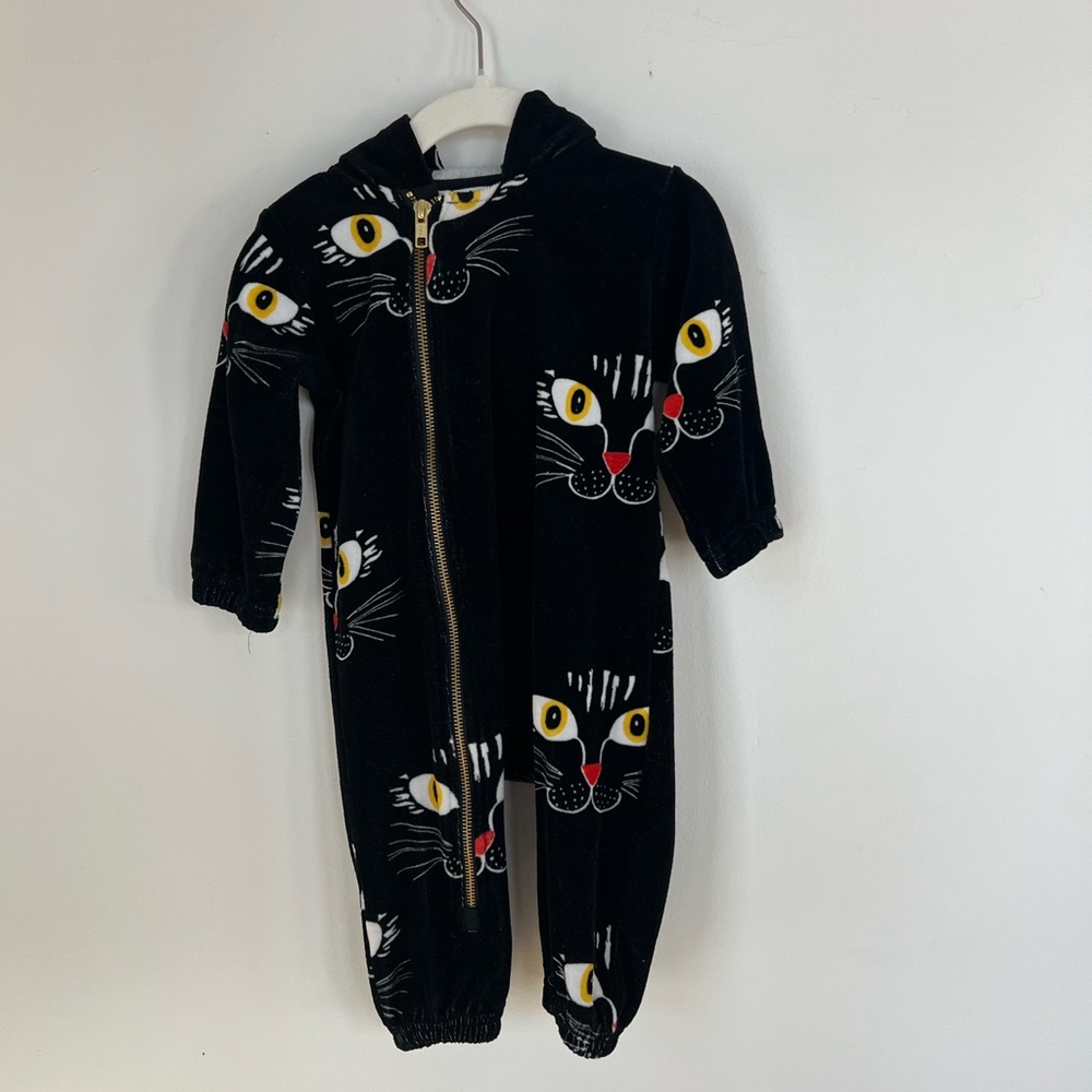 Mini Rodini Kids Cat Face Velour Onesie